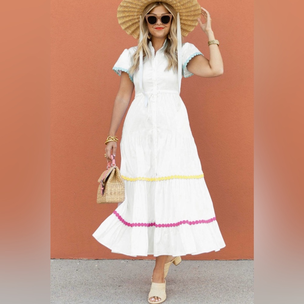 Ellie- White Dress with Colorful Ric Rac Trim